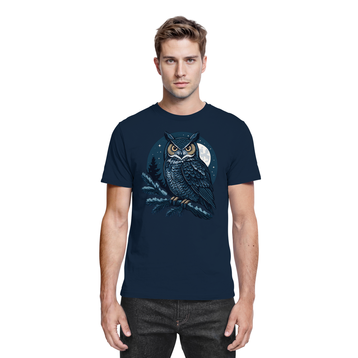 Front view of Arvenzo unisex Night Watch shirt in navy with a classic crew neck and smooth fabric.