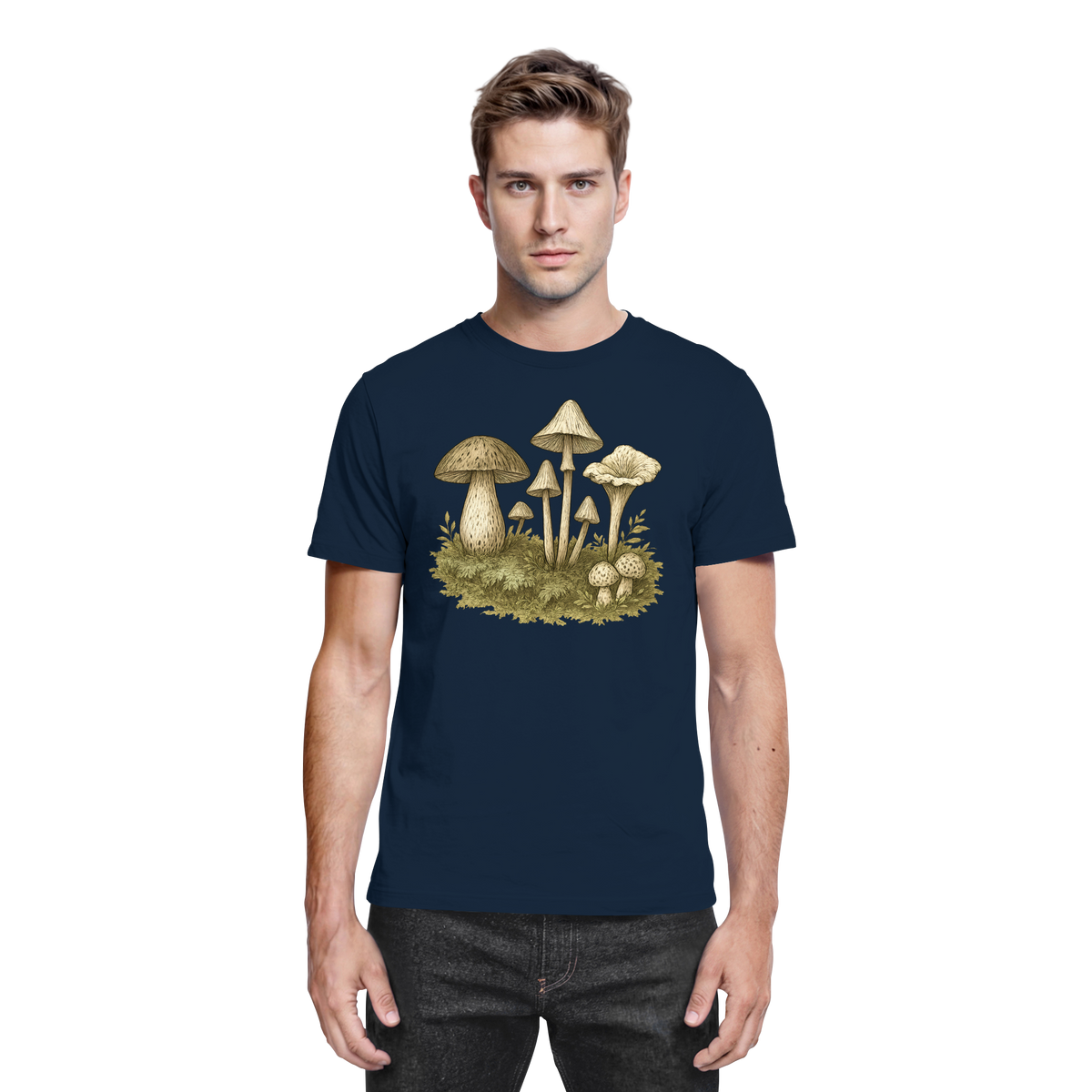 Front view of Arvenzo unisex Forest Floor shirt in navy, showcasing a comfortable fit and forest-inspired graphic design.