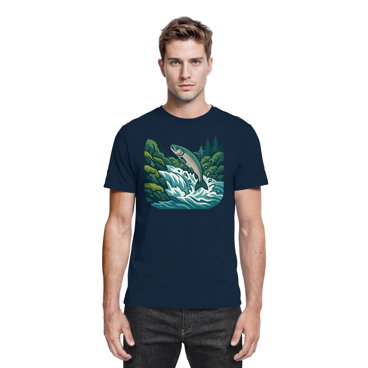 Front view of Arvenzo unisex Silver Run shirt in navy, showcasing a sleek, premium design with a classic fit and crew neckline.
