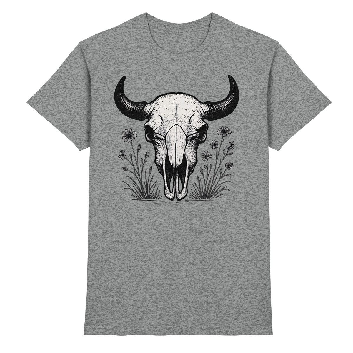 Unisex Bison Skull Shirt by Arvenzo in sports grey meliert fabric, front view showcasing detailed bison skull graphic.