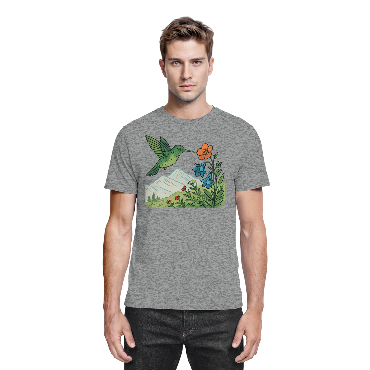 Unisex Bloom Wing Shirt by Arvenzo in heather grey, front view showcasing soft fabric and stylish design.