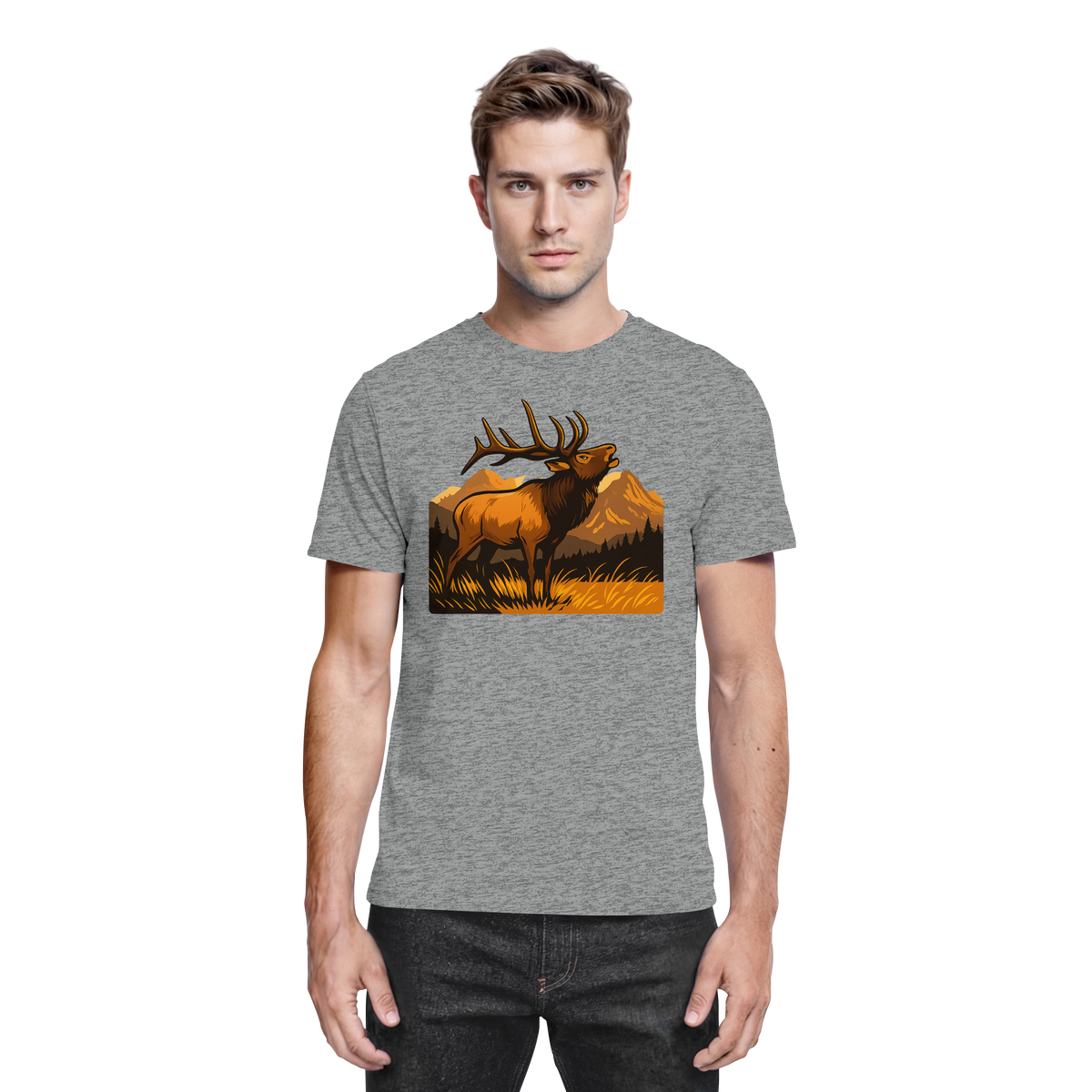 Front view of Arvenzo Elk Meadow unisex shirt in sports grey meliert fabric, featuring a casual fit and soft cotton material.