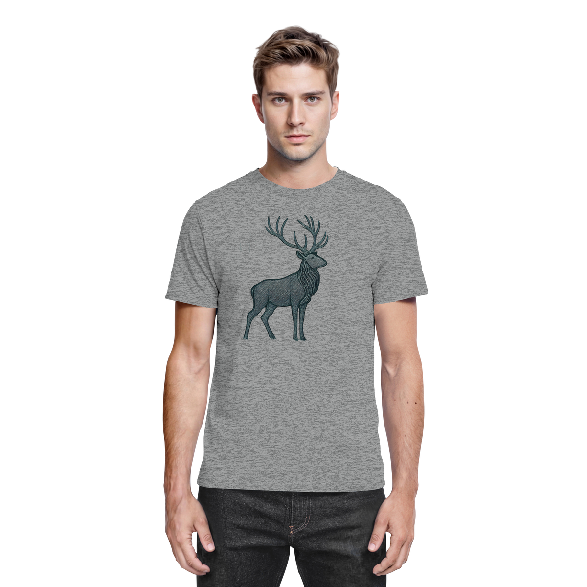 Front view of Arvenzo Mist Crown unisex shirt in sports grey meliert with a stylish graphic design.