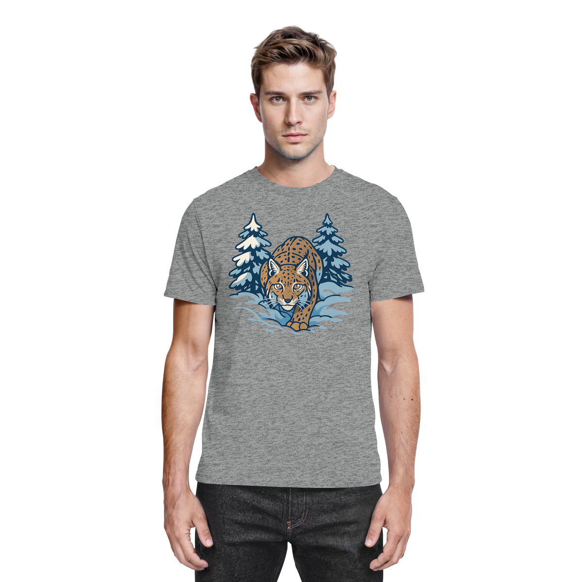 Front view of Arvenzo Snow Lynx unisex shirt in sports grey meliert, showcasing a comfortable fit and stylish design.