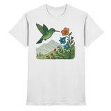 White Bloom Wing unisex shirt by Arvenzo, front view showing a stylish floral wing design on the chest.