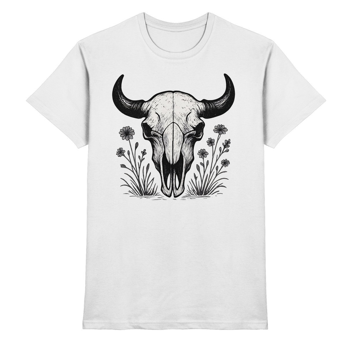 White unisex Bison Skull Shirt by Arvenzo, featuring a front graphic design on a premium fabric shirt.