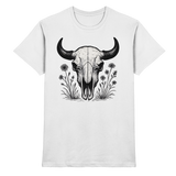 White unisex Bison Skull Shirt by Arvenzo, featuring a front graphic design on a premium fabric shirt.