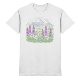 White Alpine Bloom unisex shirt by Arvenzo, featuring a front view with a stylish floral design on the chest.