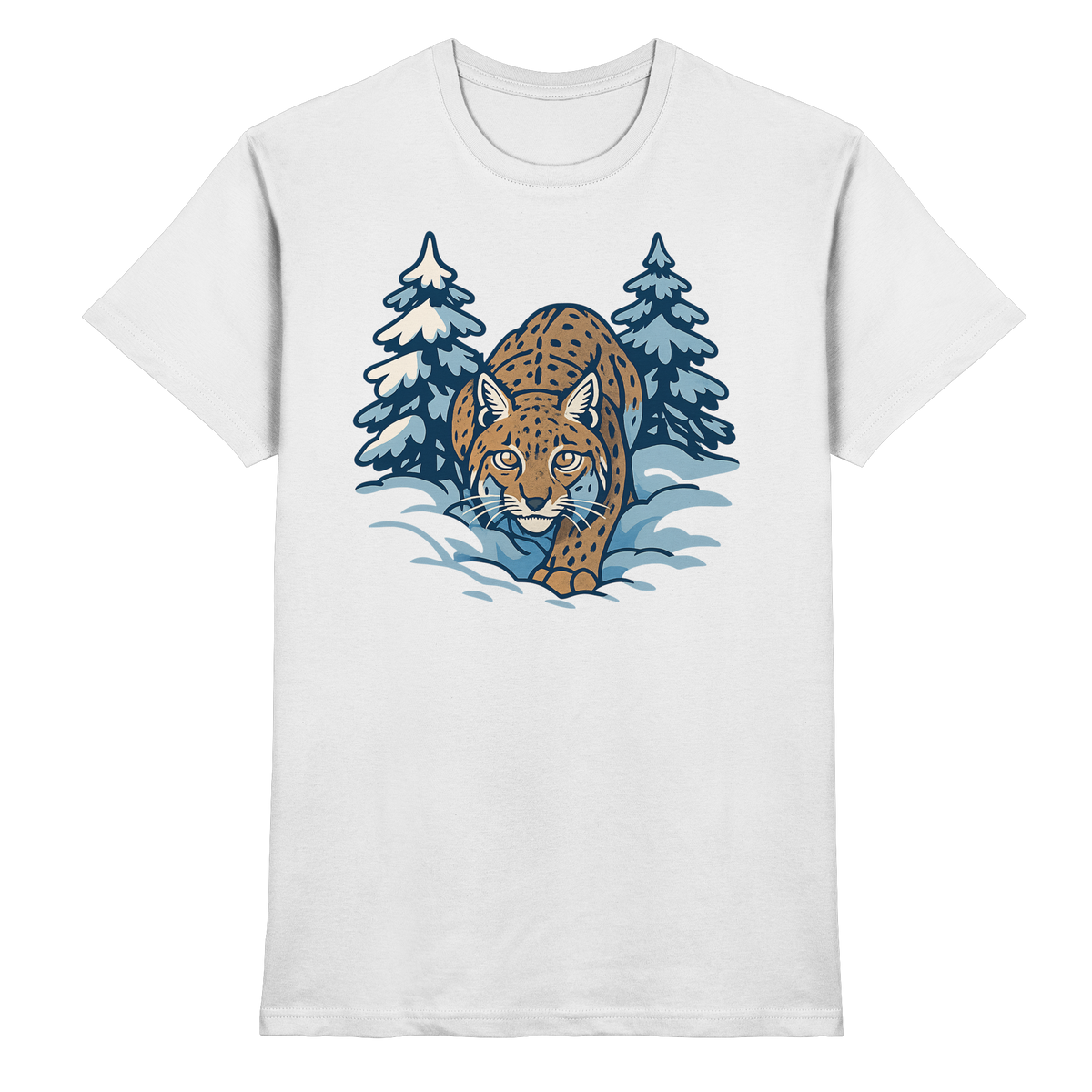 White Arvenzo Snow Lynx unisex shirt featuring a front view with a detailed snow lynx graphic design.