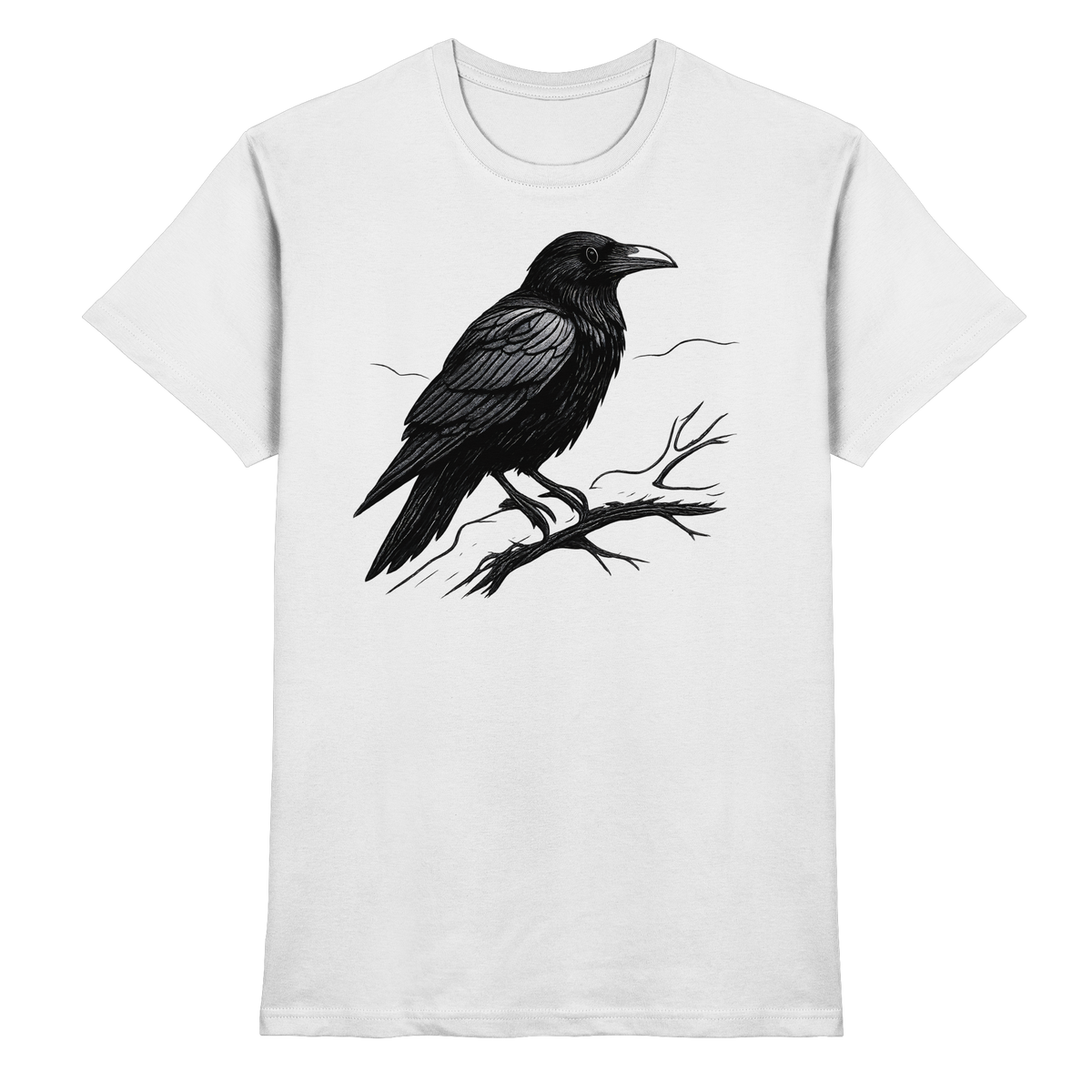 Front view of Arvenzo unisex Dark Raven shirt with a dark bird graphic on a white fabric, showcasing a stylish casual design.