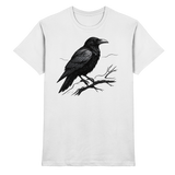 Front view of Arvenzo unisex Dark Raven shirt with a dark bird graphic on a white fabric, showcasing a stylish casual design.