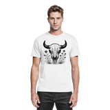 White unisex Bison Skull shirt by Arvenzo, featuring a front view of the premium shirt with a bold bison skull graphic.
