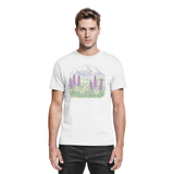 Front view of Arvenzo Alpine Bloom unisex white shirt with floral design, showcasing a stylish and comfortable casual shirt.